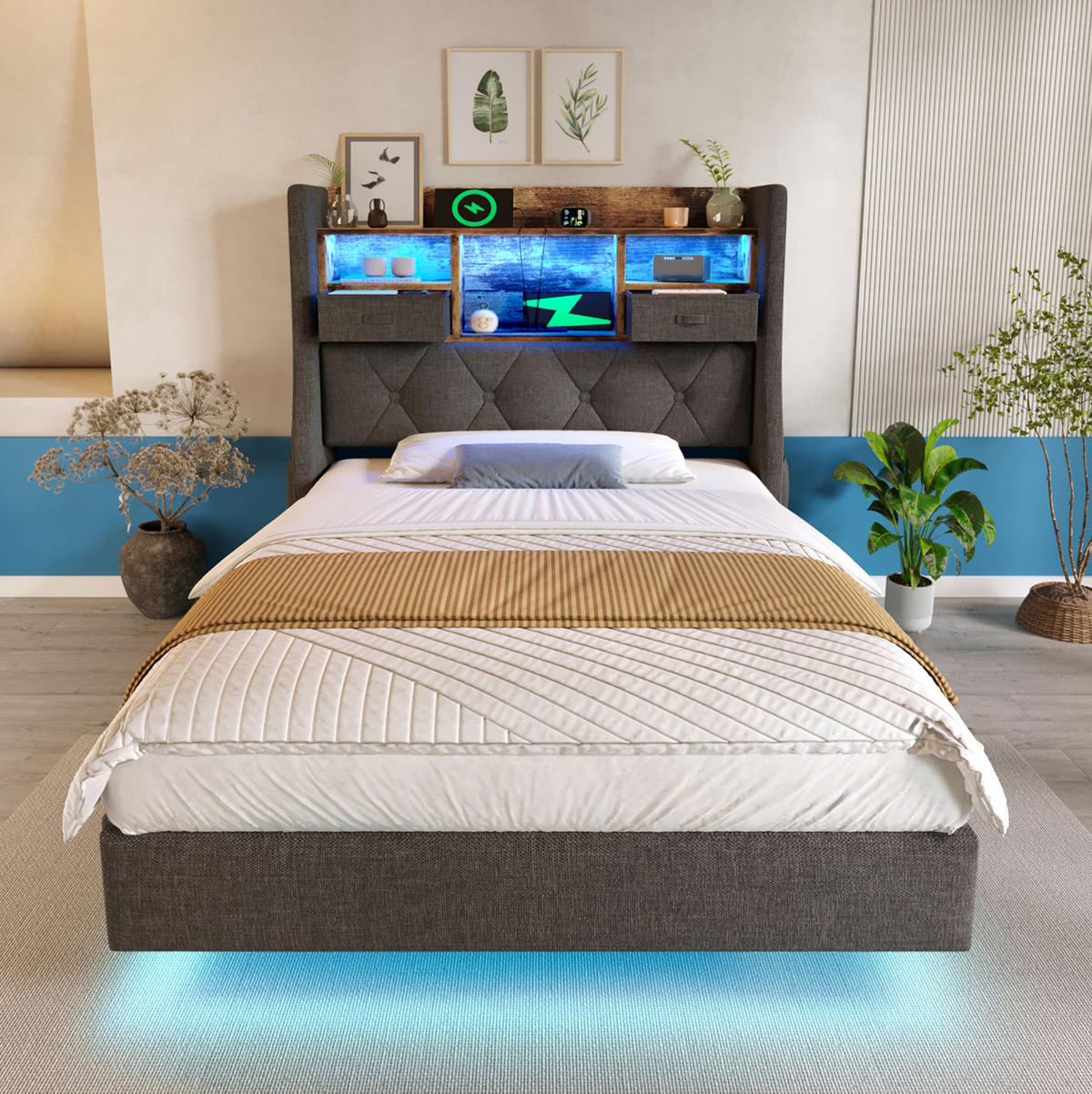 POLSTERBETT 90/200 cm Grau mit LED-Beleuchtung und USB- und Type-C-Anschlüssen - Grau, Textil (90/200cm) - Flora Grace