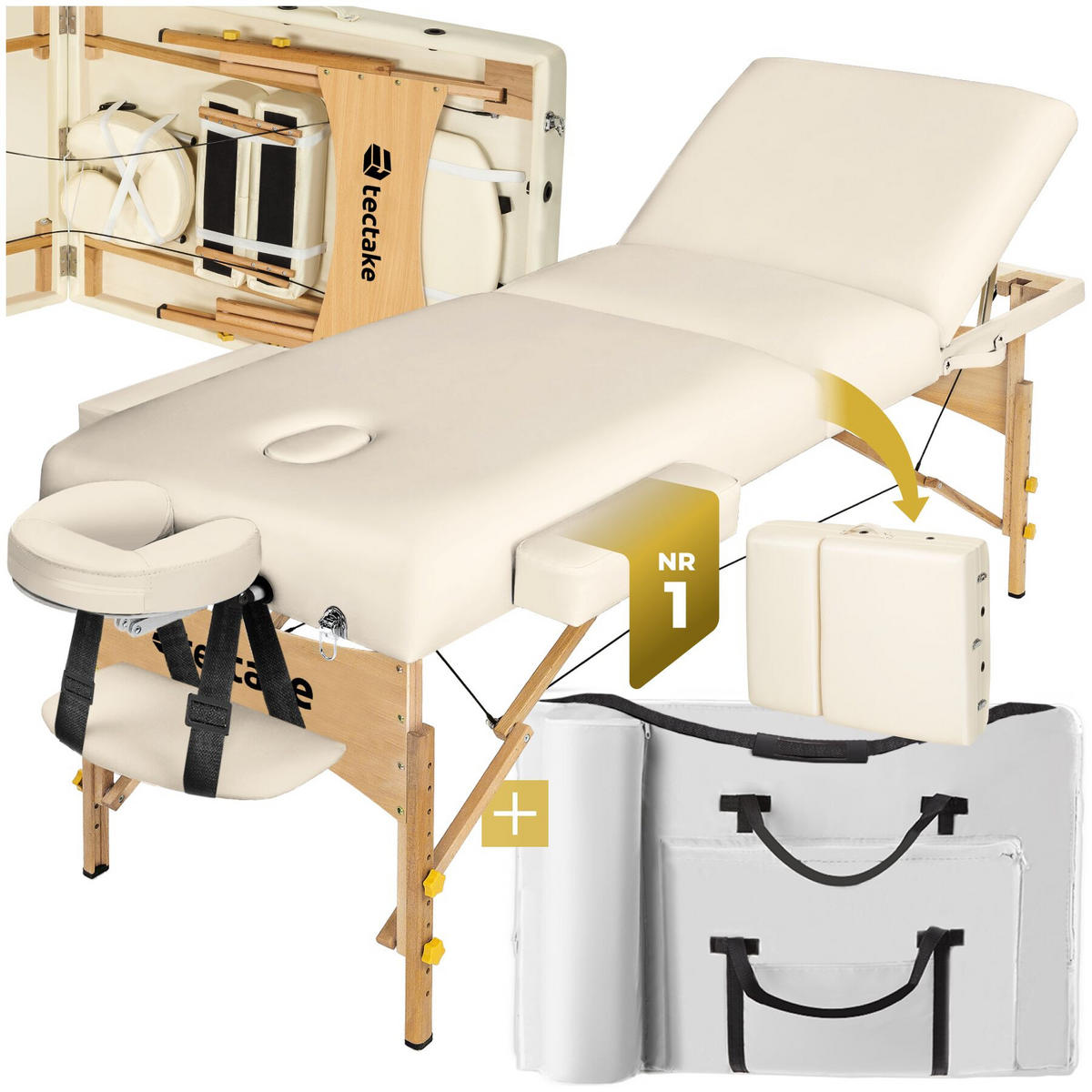 MASSAGELIEGE 3 Zonen, 218 x 102 x 90 cm, beige - Beige, Holz (102/90/218cm) - tectake