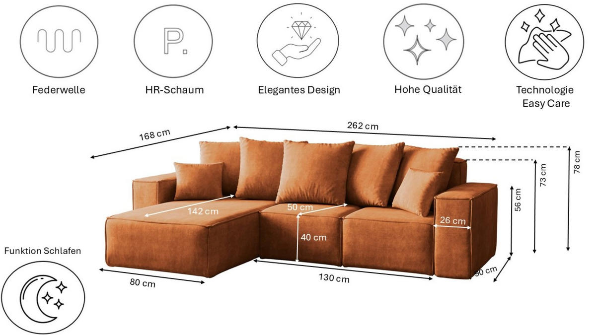 ECKSOFA L-Form Premium Kollektion ELLA Stoff Velours Noel Orange Links - Orange, Holz/Textil (168/262cm) - Kaiser Möbel