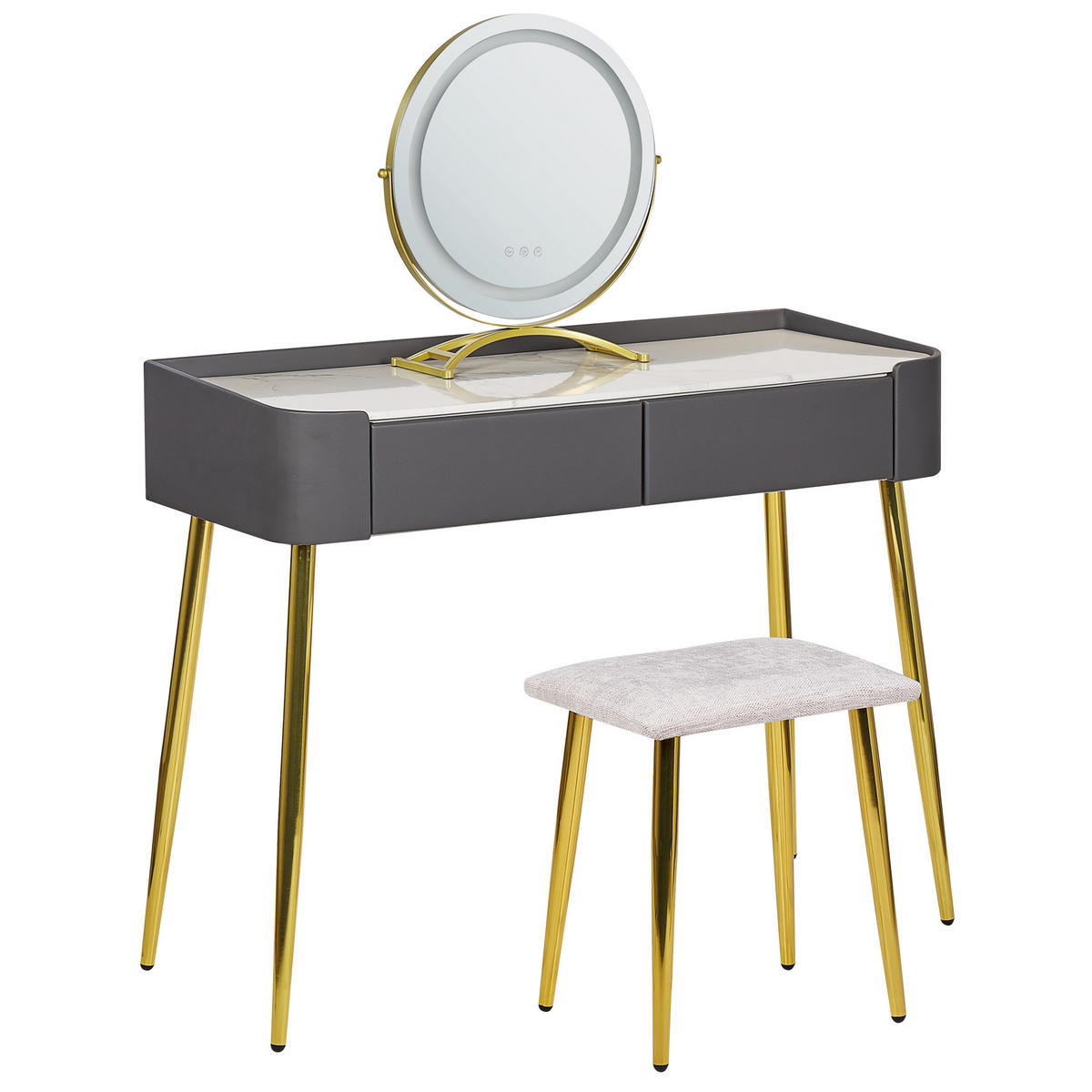 SCHMINKTISCH mit rundem LED-Spiegel Hocker 2 Schubladen grau/gold Surin - Goldfarben/Weiß, Holzwerkstoff (100/133/41cm) - Beliani