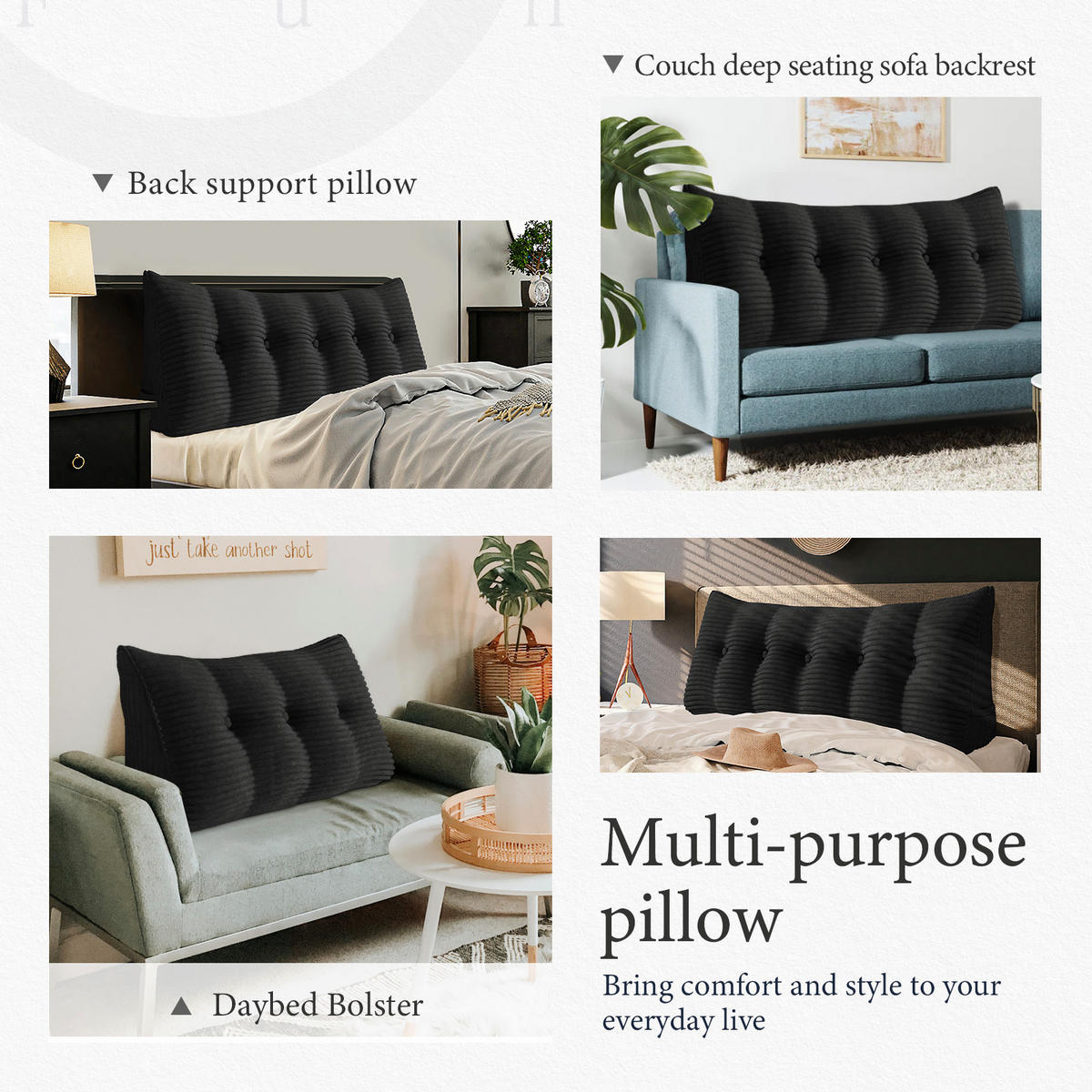 RÜCKENKISSEN für Bett Kord Schwarz 60 cm - Schwarz, Textil (50/60cm) - Vercart