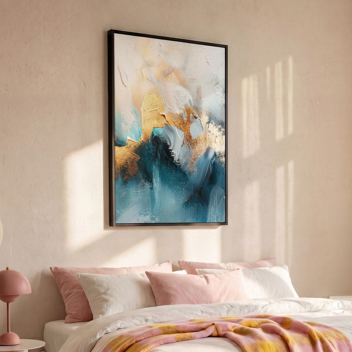 LEINWAND Bilder mit Rahmen - Abstrakt - Kunst - Gold - Blau - 80x120 - Petrol, Textil (80/120cm) - MuchoWow