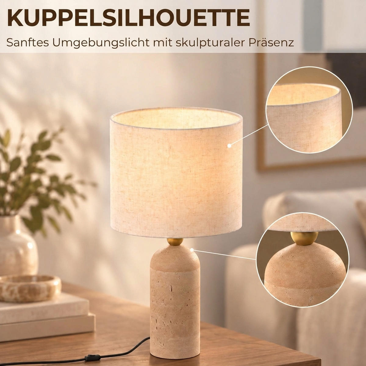 TISCHLAMPE Travertin Leinen Beige - Beige, Stein (25/25/48cm) - HOMCOM