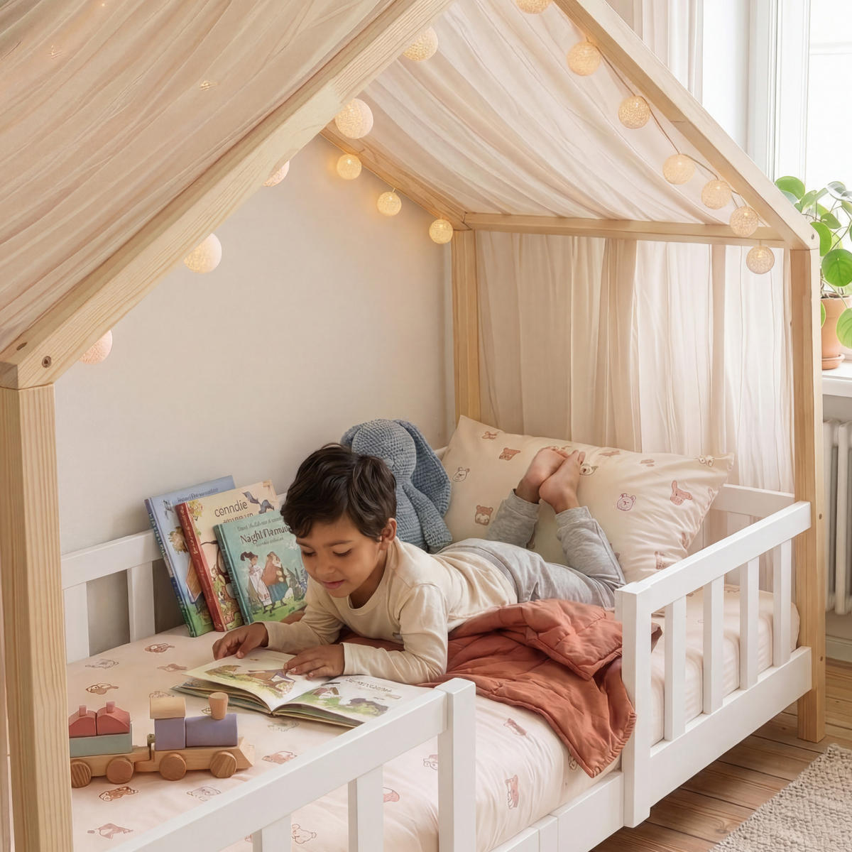 HAUSBETT Treviolo - Weiß/Naturfarben, Holz (90/200cm) - [en.casa]