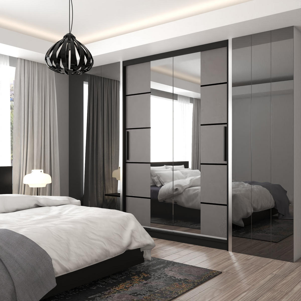 SCHWEBETÜRENSCHRANK Verona ME, Schwarz/Grau Matt, 133 cm, mit Spiegel - Grau, Holz (133/216/60cm) - B BELINI GROUP