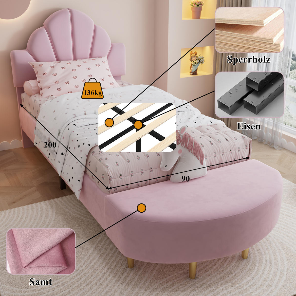SAMT-POLSTERBETT 90/200 cm in Rosa mit gepolstertem Kopfteil und Bettbank - Rosa, Textil (90/200cm) - BEAOK