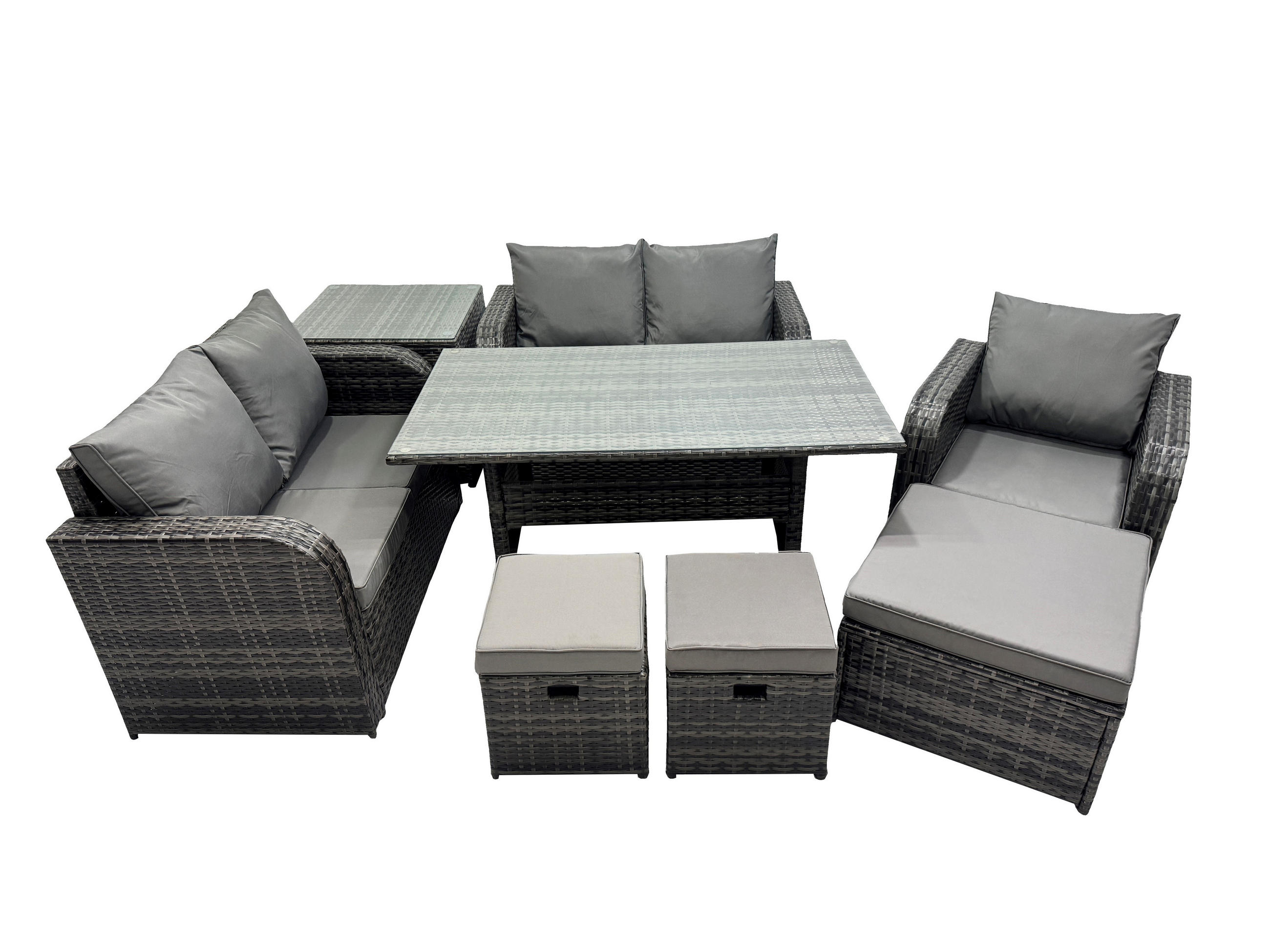 GARTENMÖBELSET mit Esstisch,Hockern,Beistelltisch Polyrattan Dunkelgrau 8-Sitzer - Dunkelgrau/Grau, Glas/Kunststoff - Fimous