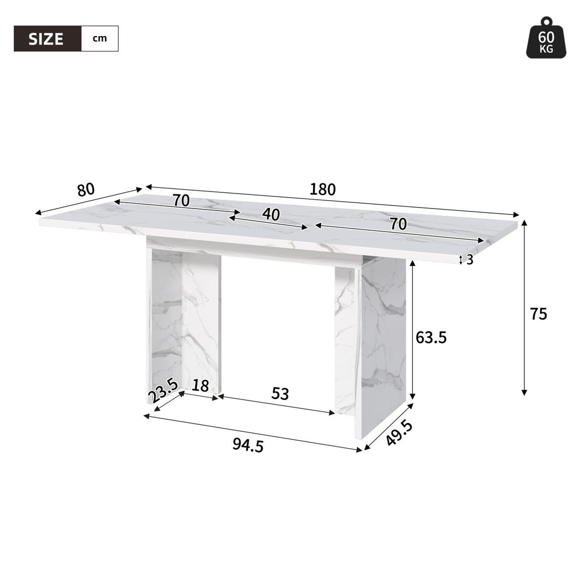 ESSTISCH aus MDF 180x80x75 cm Weißer Marmor ausziehbar für 6-8 Personen mit 30 mm starker Tischplatte - Weiß, Holzwerkstoff (180/80/75cm) - Modfu