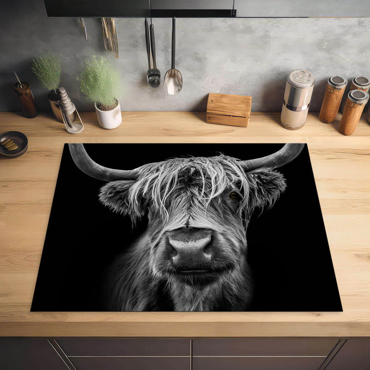 HERDABDECKPLATTE Schottischer Highlander - Hörner - Schwarz - Weiß - Kuh - Wild - Tiere Induktionsmatte 77x59 cm - Schwarz, Kunststoff (77/59/0.2cm) - MuchoWow