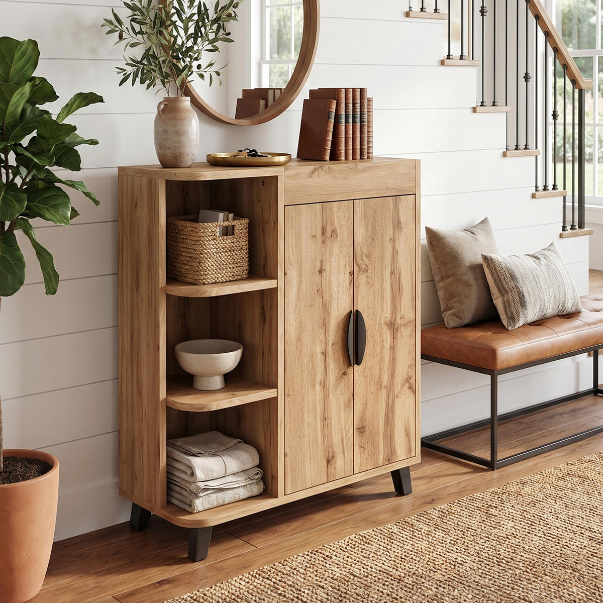 SCHUHSCHRANK in Naturholz-Optik, mit offenen Fächern und oberer Ablage - Naturfarben, Holzwerkstoff (80/99/32cm) - Urban Meuble