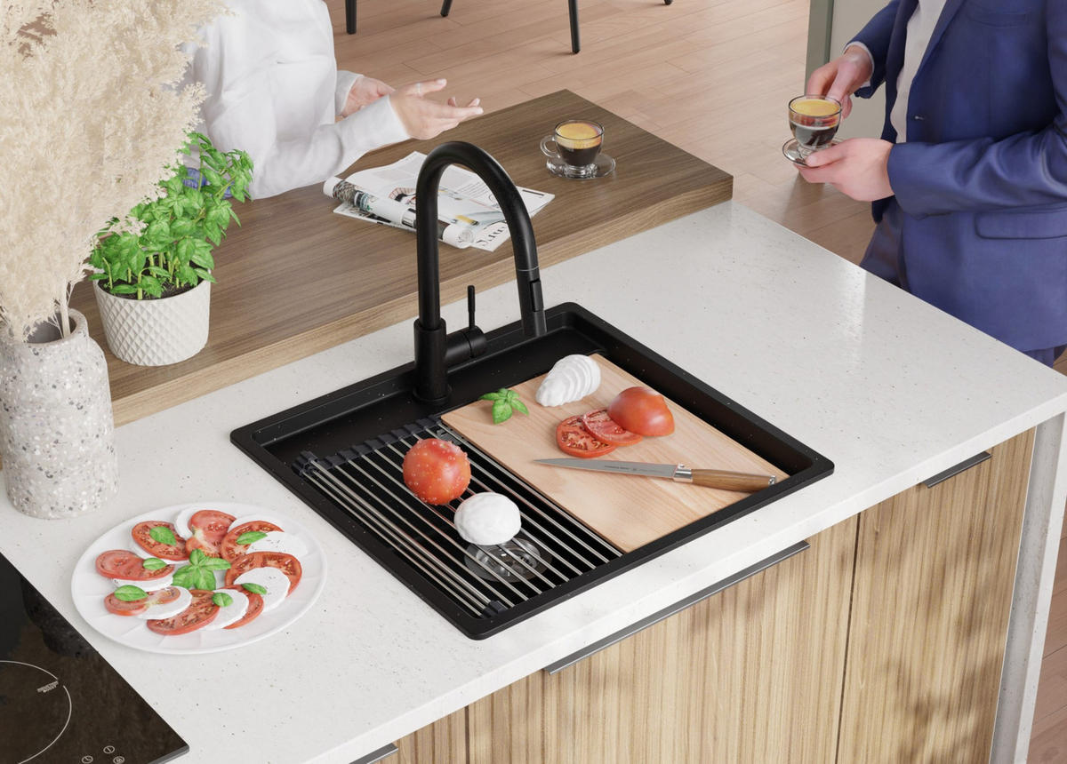 SPÜLBECKEN Bergen, 2-er set Schwarz Metallic 56/53 cm 1 Becken + Ablauf-Set + Schneidebrett ab 60er Unterschrank - Chromfarben/Schwarz Hochglanz, Kunststoff (56/20/53cm) - Primagran