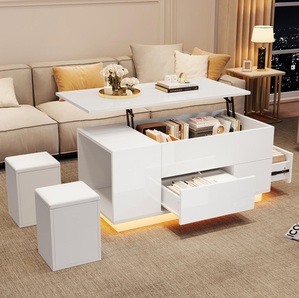 COUCHTISCH 100/50/45 cm mit LED-Beleuchtung und höhenverstellbarer Tischplatte, Weiß - Weiß, Holzwerkstoff (100/50/45cm) - Flora Grace