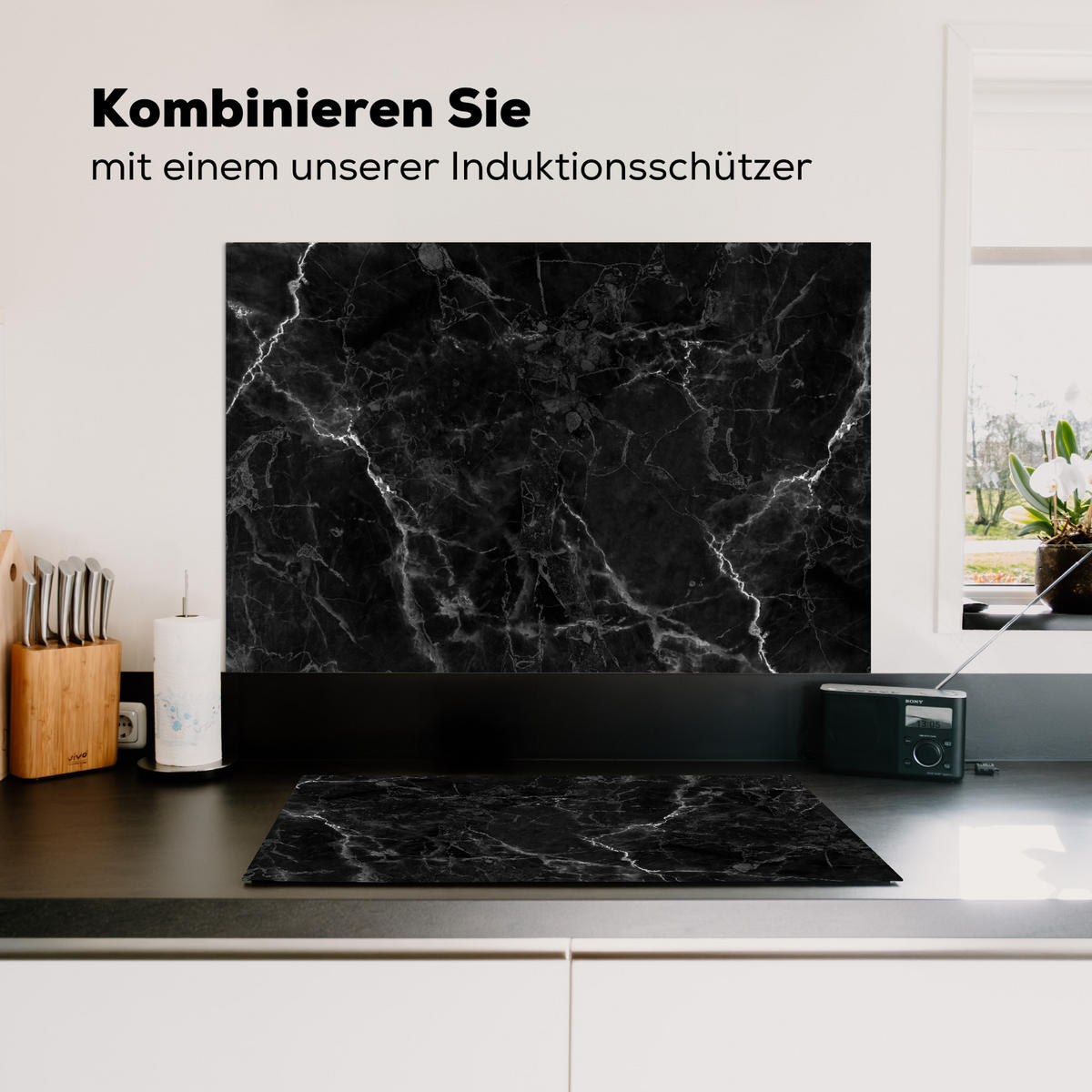 SPRITZSCHUTZ KÜCHE Marmor - Schwarz - Weiß - Textur - Marmoroptik 80x55 cm - Silberfarben, Metall (80/0.3/55cm) - MuchoWow