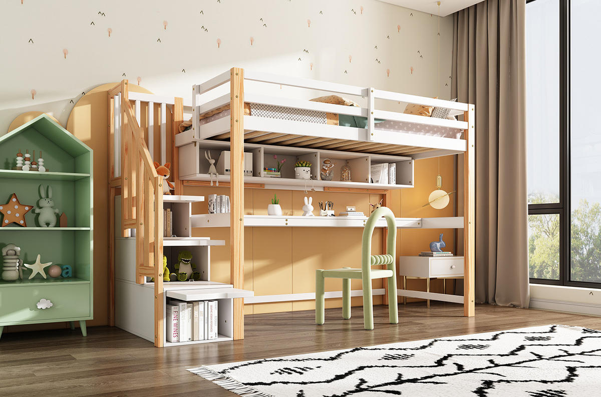 HOCHBETT 90/200 cm weiß/eiche aus Massivholz und MDF mit Schreibtisch und Treppe - Weiß, Holzwerkstoff (90/200cm) - OKWISH