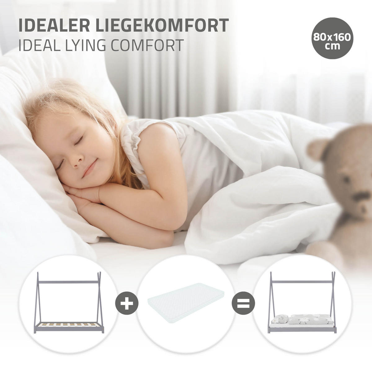 KINDERBETT Tipi 80x160 cm Hellgrau - Hellgrau, Holz (80/160cm) - ML-DESIGN