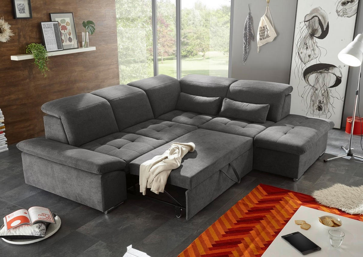ECKSOFA mit Schlaffunktion mit Bettkasten und verstellbaren Kopf- und Rückenlehnen - Chromfarben/Grau, Textil (240/276cm) - ed exciting design