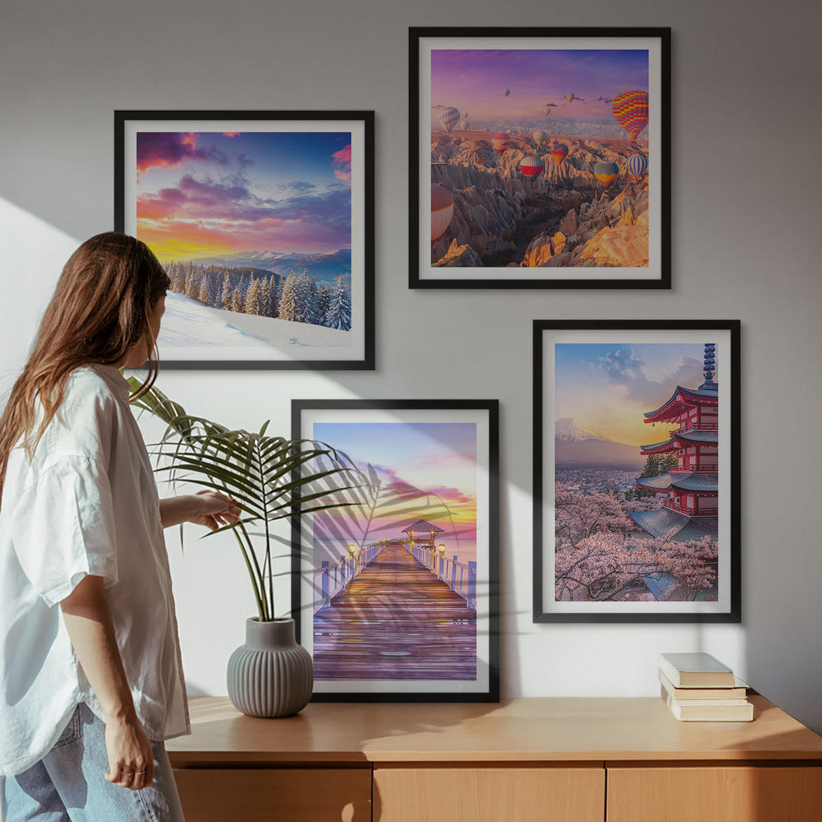 BILDER SET 4er Set - 50x50 cm & 40x60 cm Schwarzer Rahmen - Romantische Himmelslandschaften - Schwarz, Kunststoff (50/50cm) - TULUP