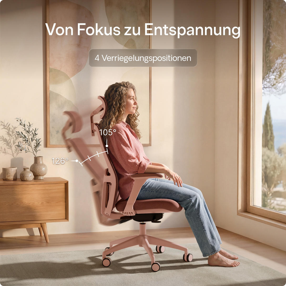 BÜROSTUHL Verstellbarer Ergonomischer SitOne Rosa 4-Dimensional Armlehne, Integrierte 4-Wege-Lendenwirbelstütze - Pink, Kunststoff (60/125/68cm) - Desktronic