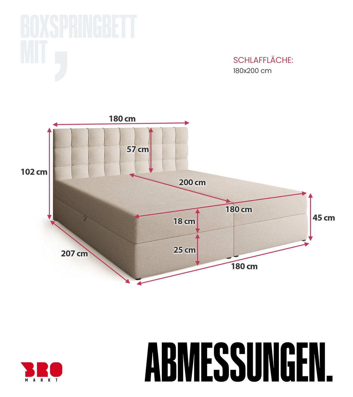BOXBETT Detroit mit Topper 180/200 Ecru - Ecru, Holzwerkstoff/Textil (180/200cm) - Bromarkt