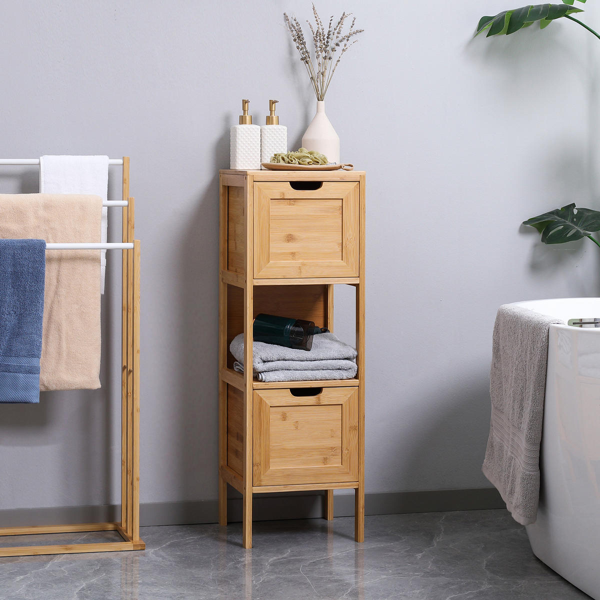 BADSCHRANK mit Kippschutz aus Bambus, 3 Schubladen, Lanfhausstil, Naturholz - Naturfarben, Holz (30/90/30cm) - Kleankin