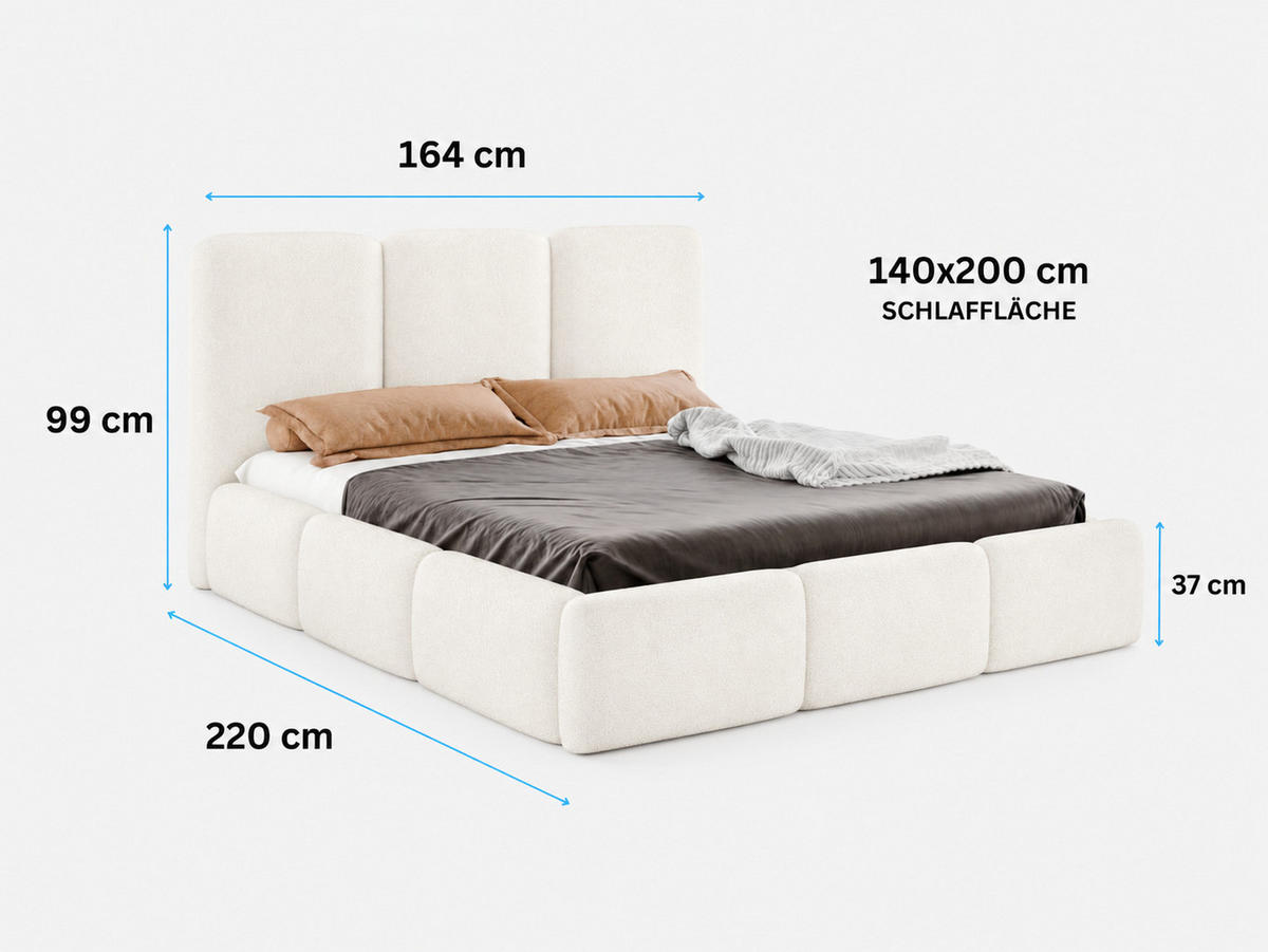 POLSTERBETT VARDO 140x200 cm mit Bettkasten, Stauraum und Metall-Lattenrost – Bouclé Stoff Weiß - Schwarz/Weiß, Textil/Metall (140/200cm) - Luxkor24