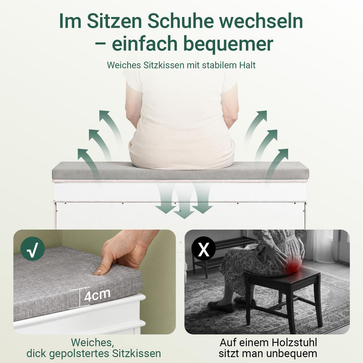 SCHUHBANK weiß, 104x52x24 cm, 2 Klappen für 8 Paar, Sitzpolster, bis 150 kg, schmal für Flur & Diele - Weiß, Holzwerkstoff (104/52/24cm) - SoBuy