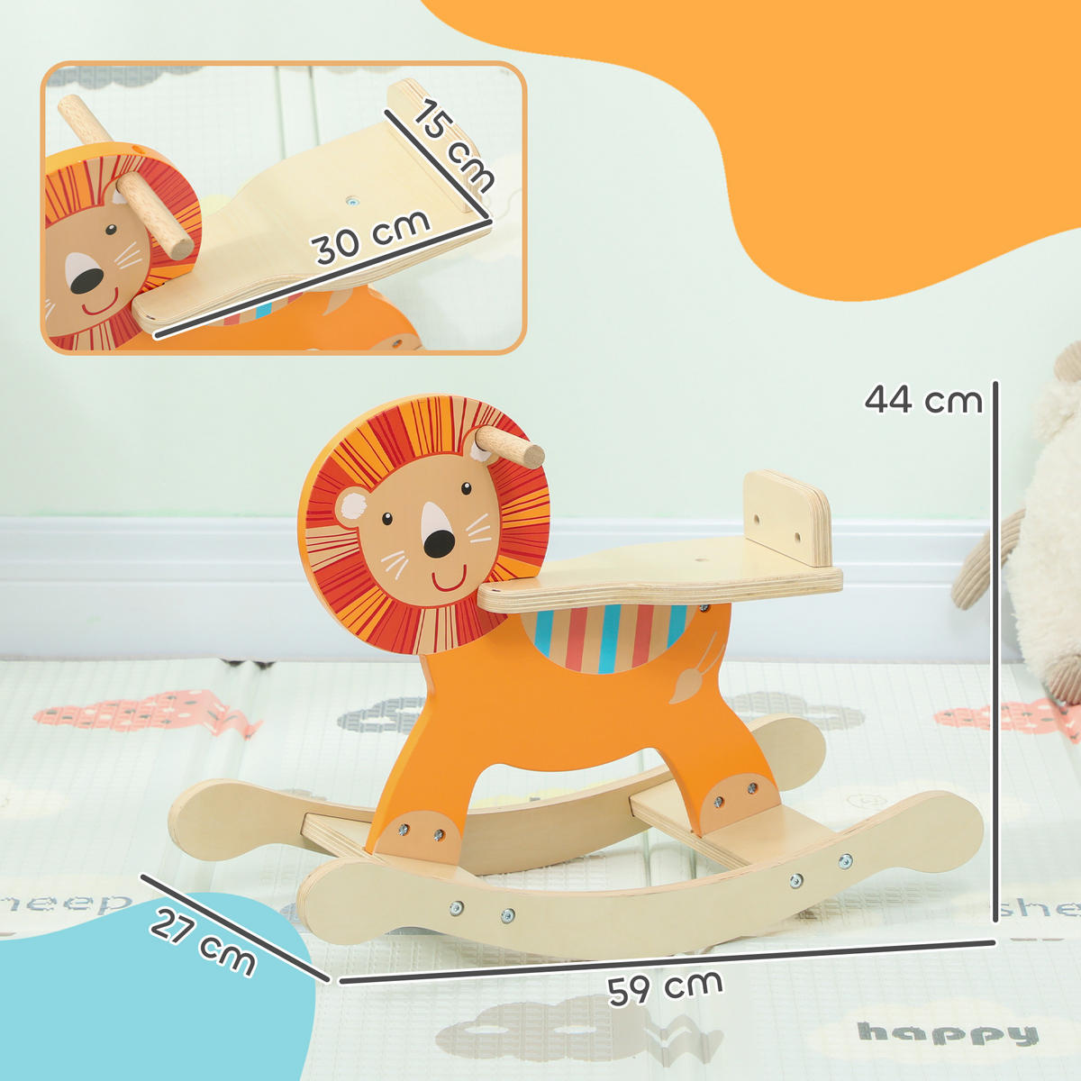 SCHAUKELPFERD Schaukeltier Löwe mit Haltegriffen Baby Schaukelspielzeug Schaukel - Orange, Holzwerkstoff (27/44/59cm) - AIYAPLAY