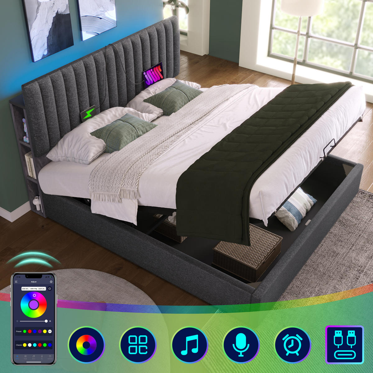 POLSTERBETT 140/200 cm mit Bettkasten, LED-Kopfteil, USB/Type-C & Stauraumfächern,Grau - Grau, Textil (140/200cm) - Redom