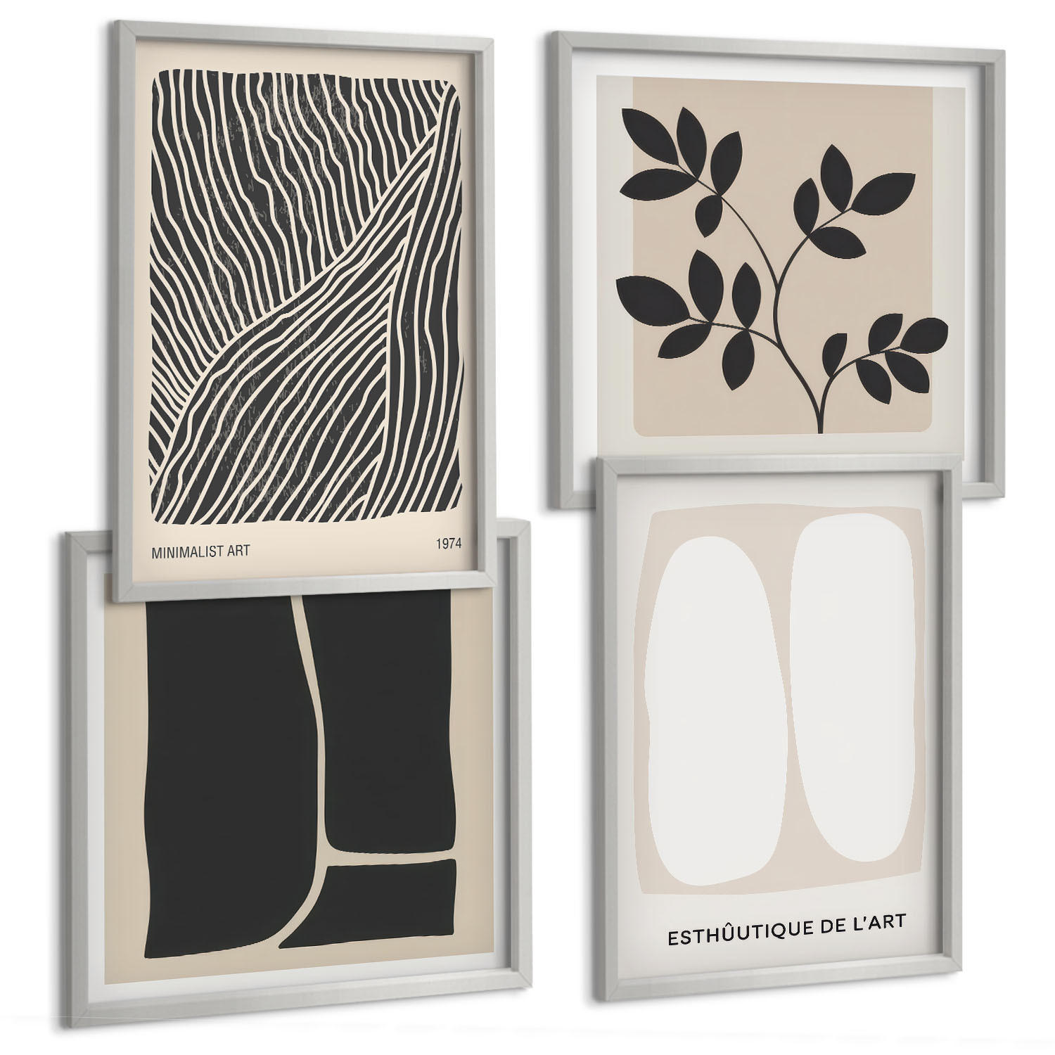 BILDER SET 4er Set - 50x50 cm & 40x60 cm Silberner Rahmen - Minimalistische Pflanzenmuster - Silberfarben, Kunststoff (50/50cm) - TULUP