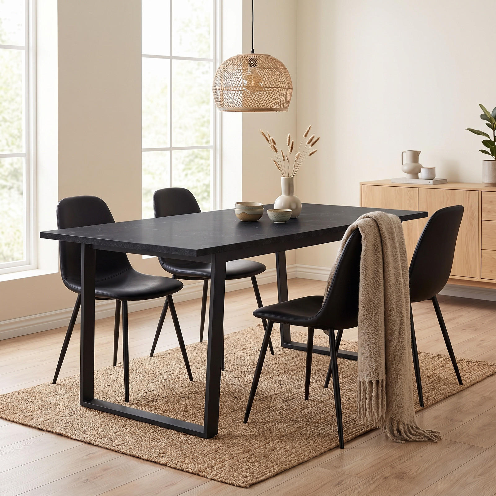 ESSTISCH Amble, Schwarz / Marmoroptik, MDF / Metall, 160/90/74 cm - Schwarz, Holzwerkstoff/Metall (90/160/74cm) - ebuy24