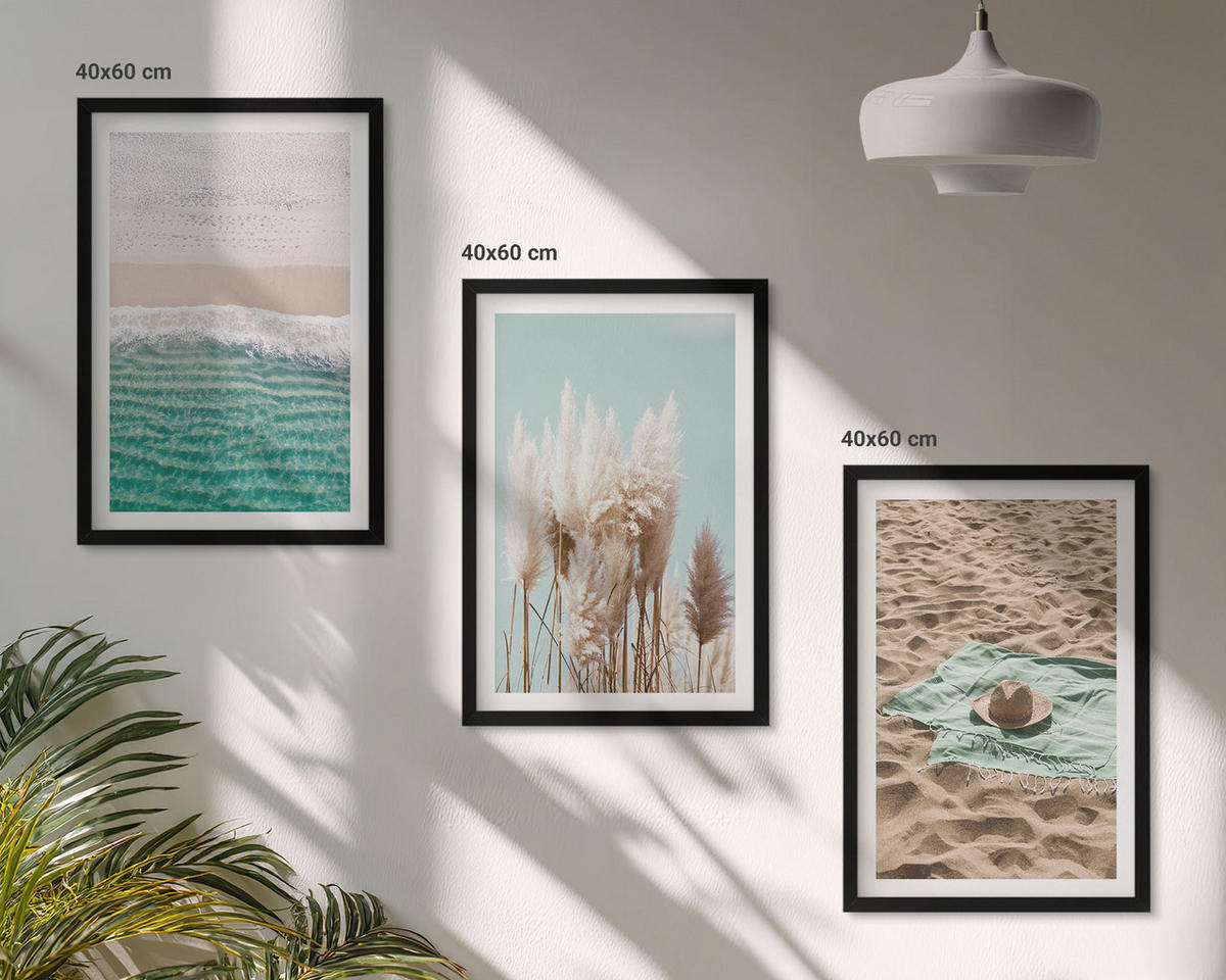WANDBILDER 3er-Set - 40x60 cm Schwarzer Rahmen - Strandwellen Grashut - Schwarz, Kunststoff (40/60cm) - ArtPrintCave