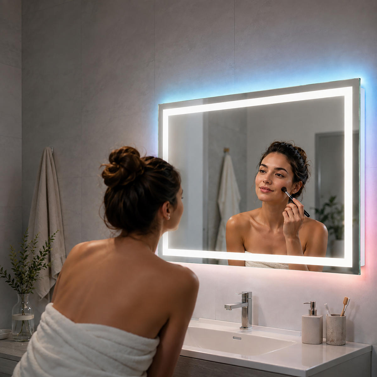 BADSPIEGEL Silber LED RGB Hintergrundbeleuchtung Touch Anti-Beschlag 60x80 cm - Transparent, Glas/Holzwerkstoff (80/60/3cm) - Relaxdays