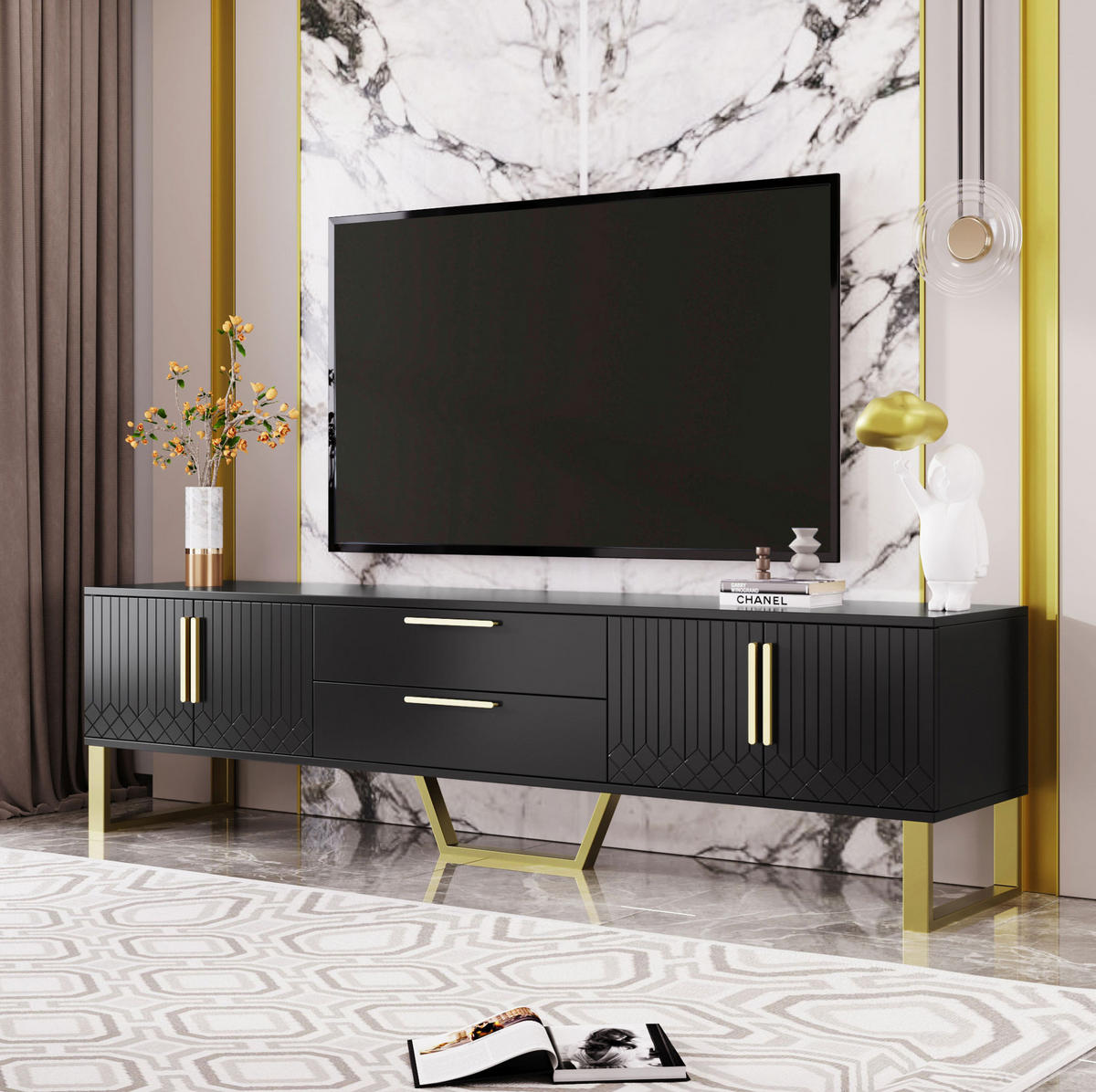 TV-SCHRANK mit 4 Türen 170 cm Hochglanz MDF Schwarz - Schwarz, Holzwerkstoff (40/53.5/170cm) - Beauniv