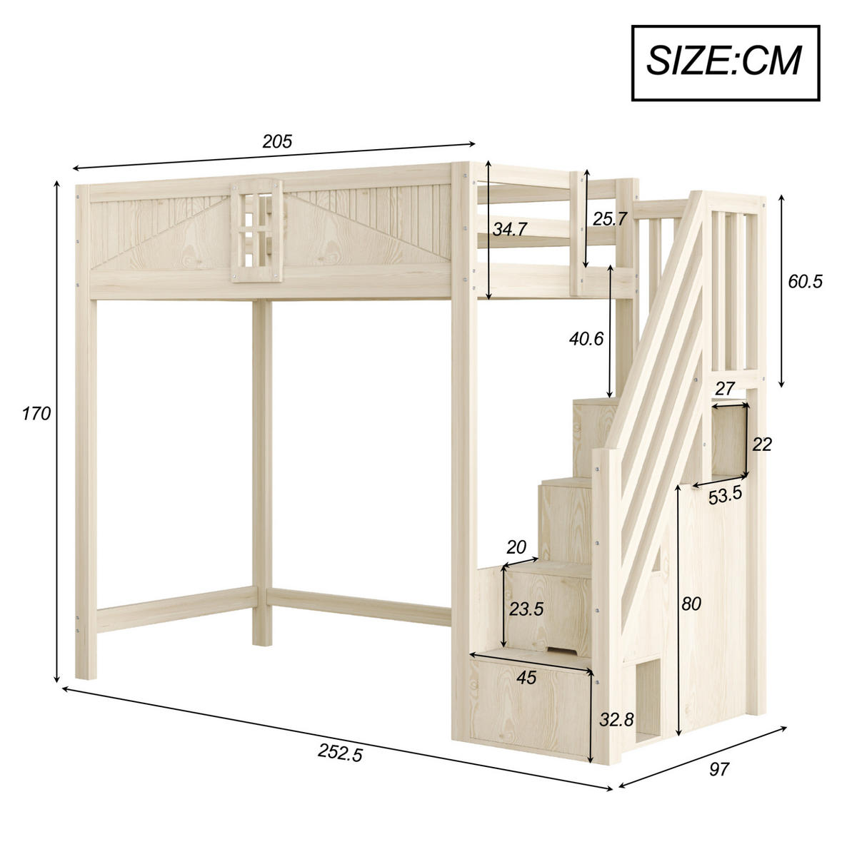 HOCHBETT mit Stauraum 90x200 cm Massivholz Natur, Leiter beidseitig montierbar - Braun, Holzwerkstoff (90/200cm) - Beauniv