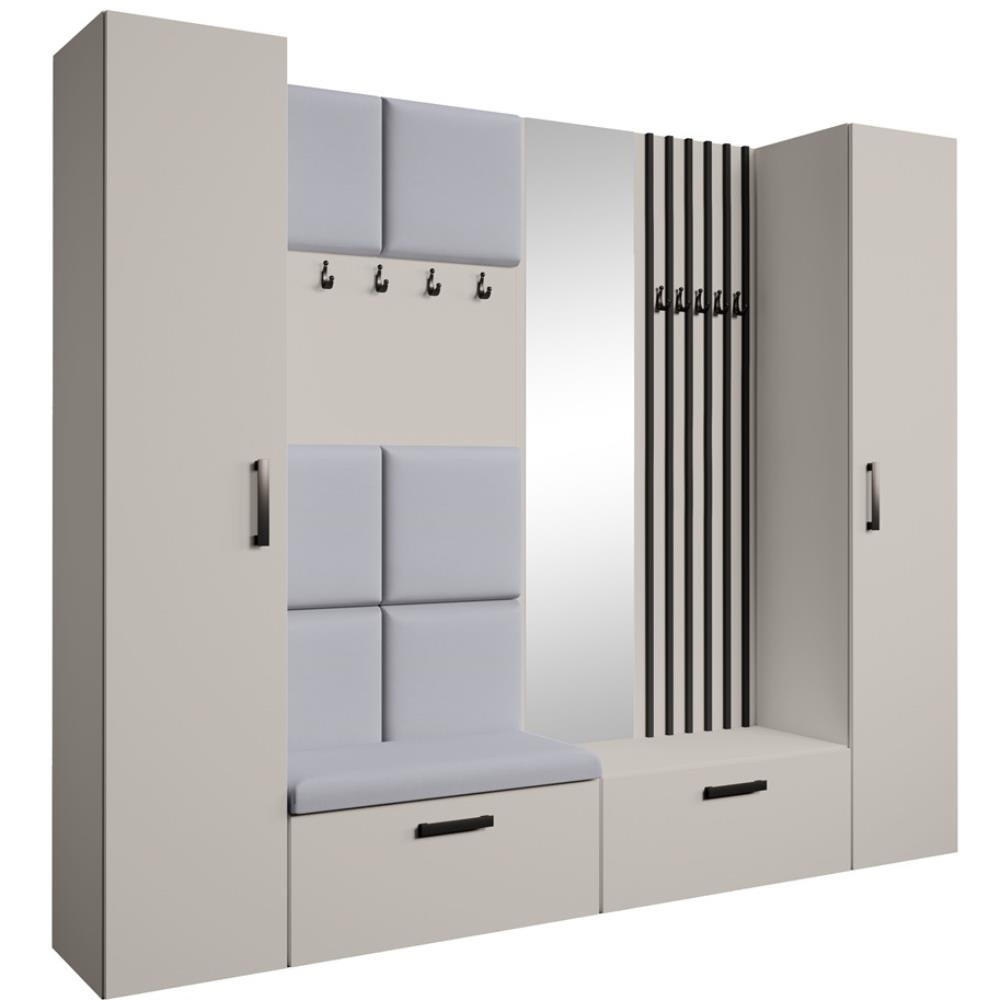 Beautysofa PŘEDSÍŇOVÁ sestava Margaret XL 242/203/43 s čalouněnými panely / lamelami / zrcadlem, kašmírová|černá