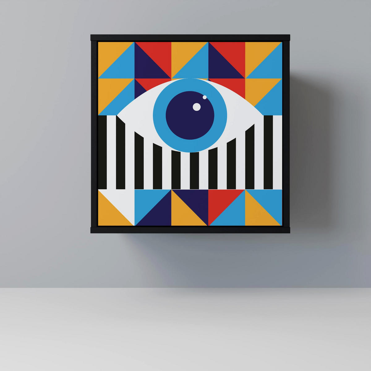 SIDEBOARD ABSTRACTION AND GEOMETRY, Schwarz, 57,5x42x70,5 cm, Schwarze Metall-Sternfüße - Multicolor/Schwarz, Holzwerkstoff/Metall (57.5/70.5/42cm) - SpaceRebels