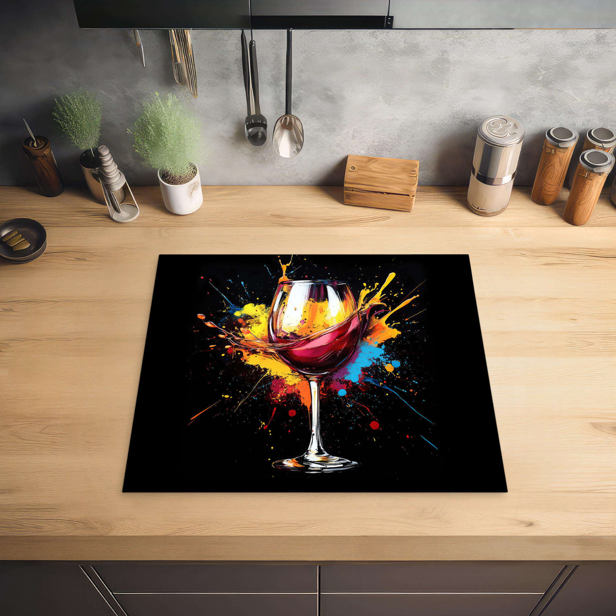 HERDABDECKPLATTE Wein - Glas - Graffiti - Getränk - Rot - Farbe 57x51 cm - Weinrot, Kunststoff (57.6/0.2/51.6cm) - MuchoWow