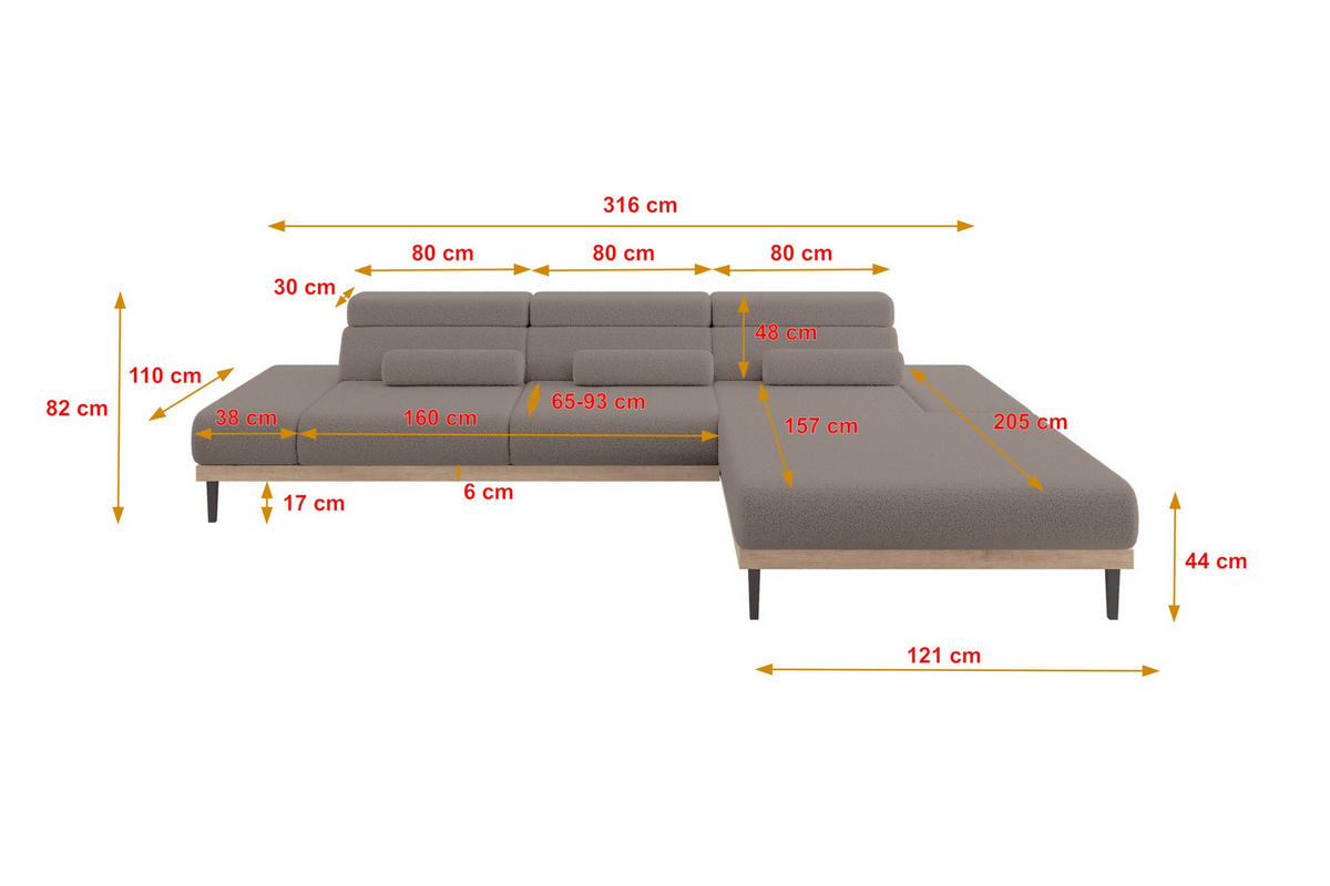 ELEKTRISCHES ECKSOFA Rechts MONA 316x205x85 Braun Bouclé - Dunkelbraun/Braun, Holzwerkstoff/Textil (316/205cm) - ALTDECOR
