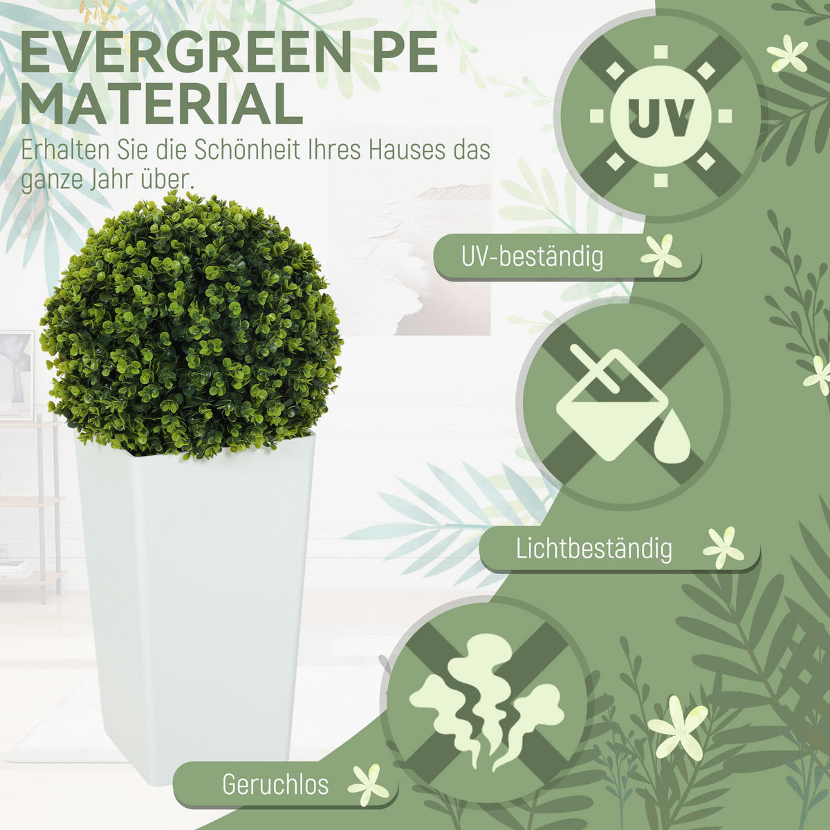 2ER-SET Künstlicher Eukalyptuskugeln 65 cm Kunstpflanze mit 330 Blättern im Topf - Weiß/Grün, Kunststoff (65cm) - HOMCOM