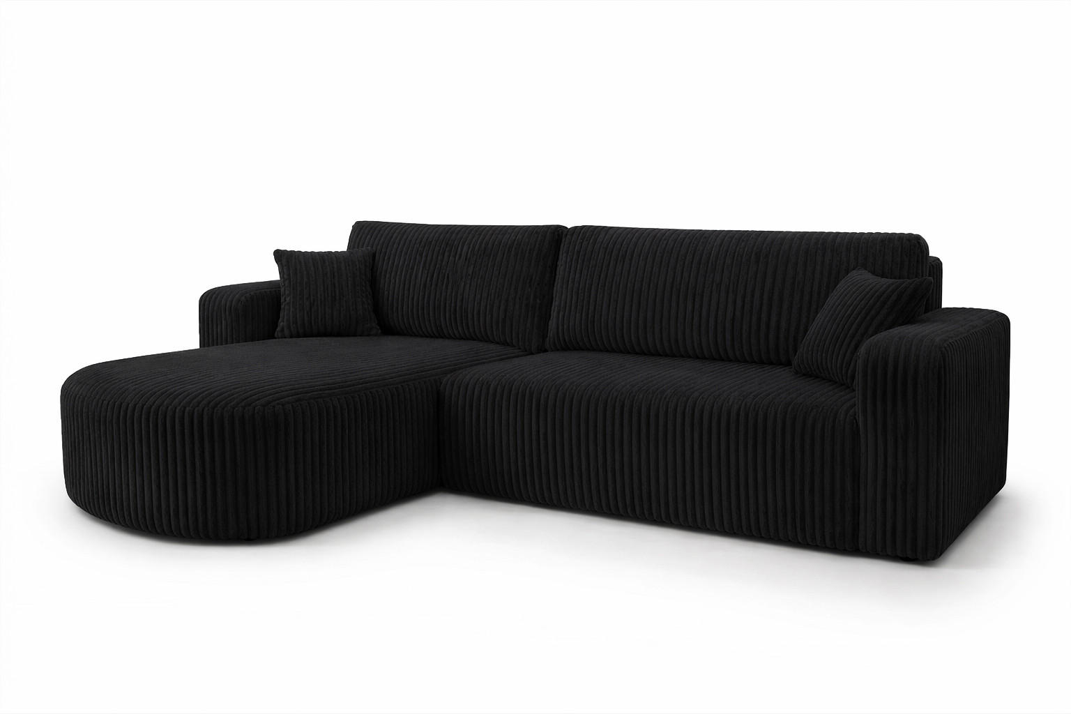 ECKSOFA Mit Schlaffunktion, Cordstoff Tilia, Schwarz, Links, ROUND ONE XL - Schwarz, Holz (271/175cm) - Kaiser Möbel