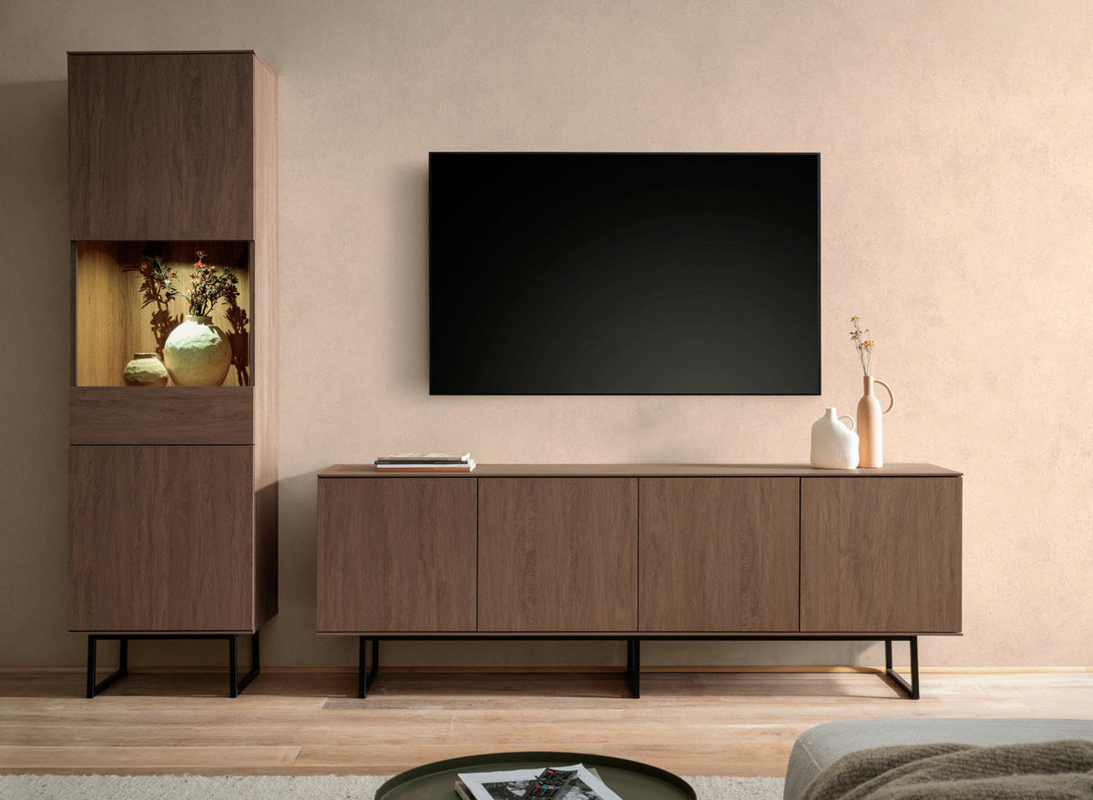 WOHNWAND in Nussbaum 2-teilig 273 cm, Wohnkombination mit Push-to-Open - Nussbaumfarben/Schwarz, Glas/Holzwerkstoff (273/200/40cm) - Furn.Design