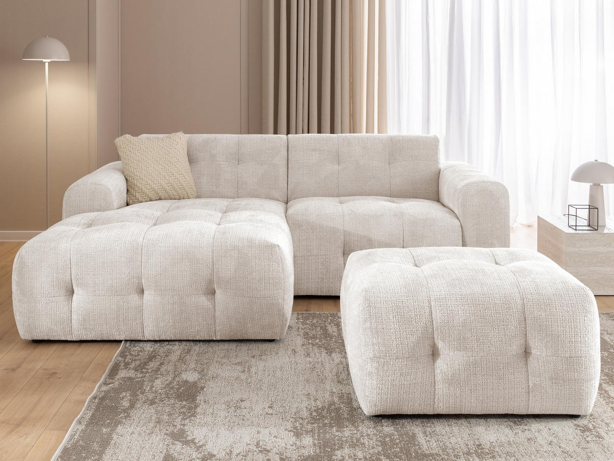 ECKSOFA inkl. Hocker Kozy im Bumpy-Design mit Schlaffunktion und fester Rückenlehne aus weichem Beige Chenille-Stoff - Ottomane links - Beige/Creme, Holz/Kunststoff (161/234cm) - S-Style Möbel