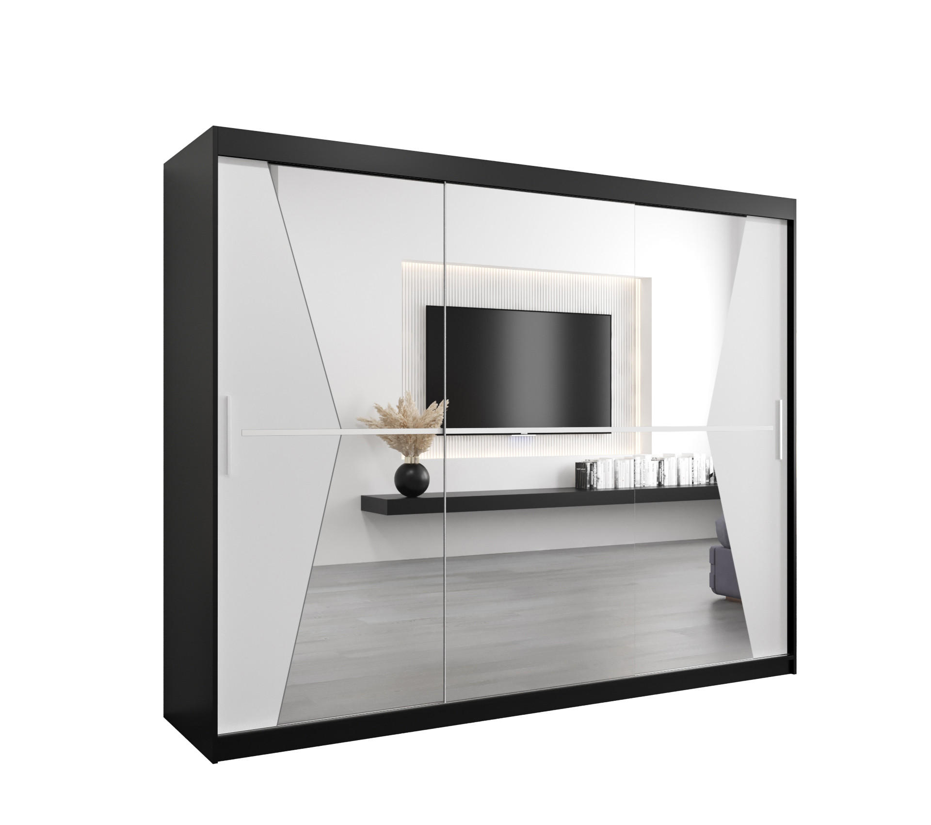 Abiks Möbel Schwebetürenschrank Schwarz, Weiß 250x200x62 cm