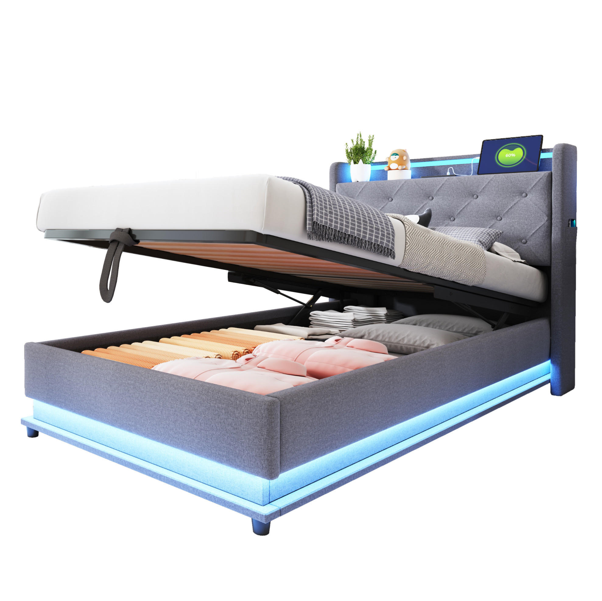 POLSTERBETT 90/200 cm Grau mit LED-Beleuchtung, Stauraum und USB-Anschlüssen - Grau, Textil (90/200cm) - Flora Grace