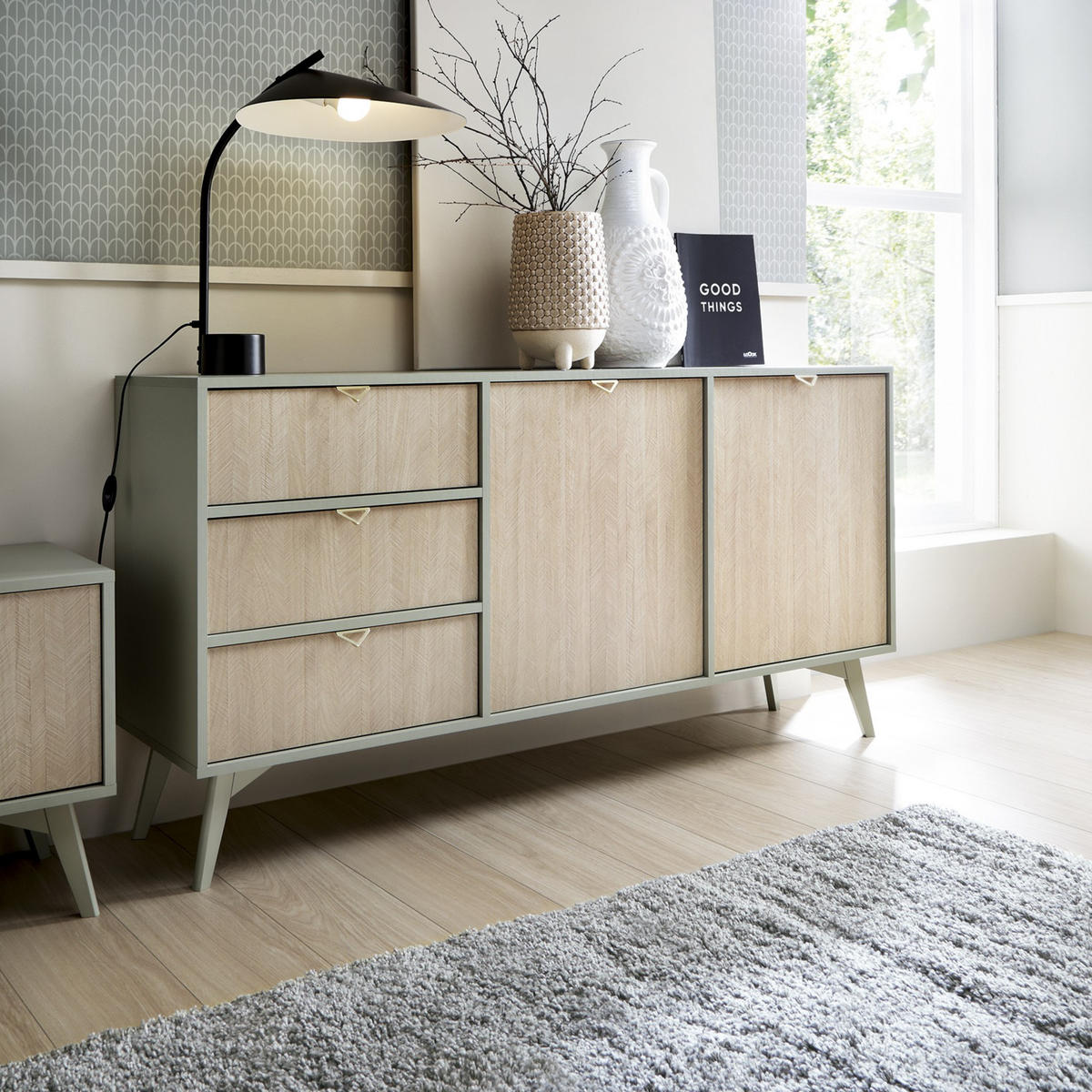 KOMMODE Silva 158 cm in der Farbe Eukalyptus + Scandi-Fischgrätmuster mit Türen und Schubladen - Goldfarben/Grün, Holz/Holzwerkstoff (158/81/38cm) - Ravio