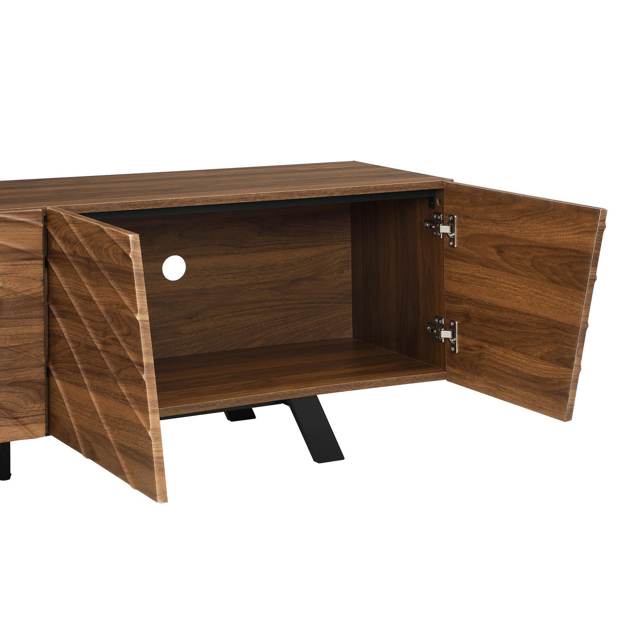 LOWBOARD in Walnussfarben TV-Schrank mit Wellenfront und schwarzen Eisenbeinen für Wohnzimmer, B160/T39/H50.5 cm - Walnussfarben/Schwarz, Holzwerkstoff/Metall (160/50.5/39cm) - STILVORA