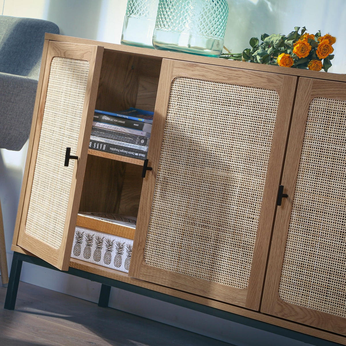 SIDEBOARD mit 3 Türen aus Rattan - L120 cm - Apfelbaumfarben, Holzwerkstoff (40/72/120cm) - Calicosy