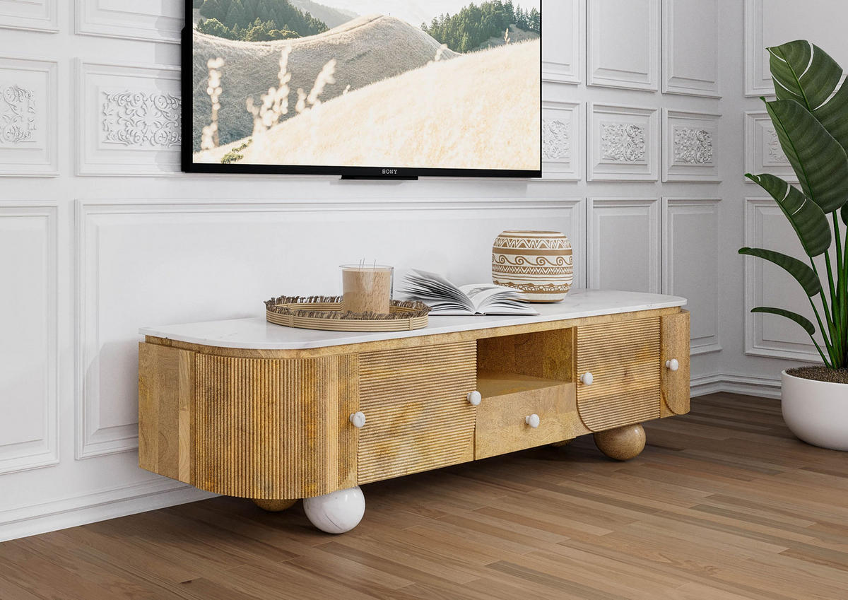 TV-BOARD Mango 200x40x50 natur lackiert / Marmor weiß FLORENZ #101 - Naturfarben, Holz (200/50/40cm) - Massivmoebel24