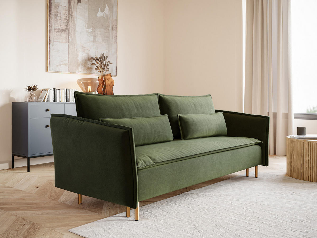 SCHLAFSOFA Ummo Olivgrün Velours - Goldfarben/Olivgrün, Textil/Metall (230/88/90cm) - Selsey