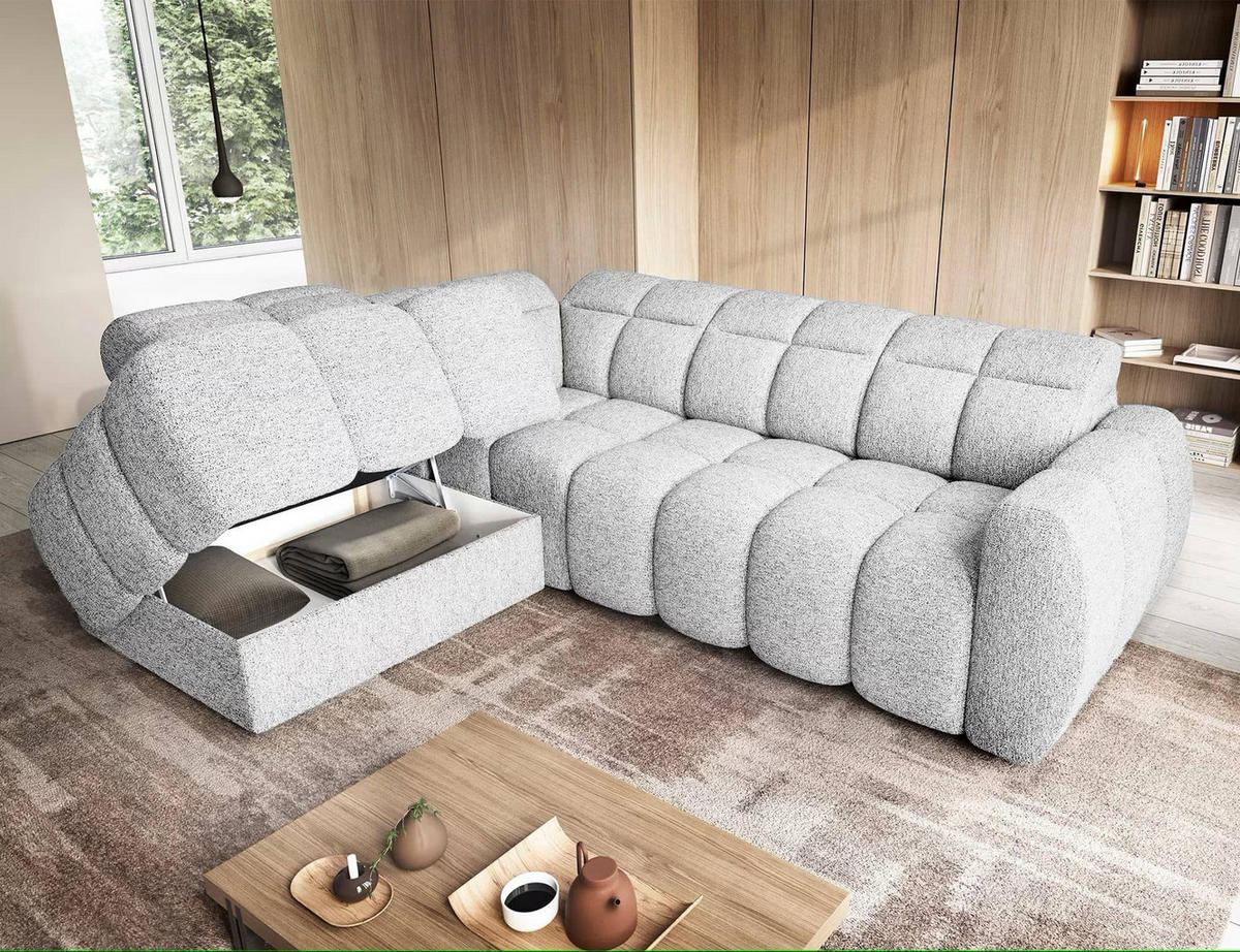 ECKSOFA mit elektrischem Sitzvorschub, Bettkasten und verstellbare Kopflehnen - Hellgrau, Naturmaterialien/Textil (258/208cm) - Eltap